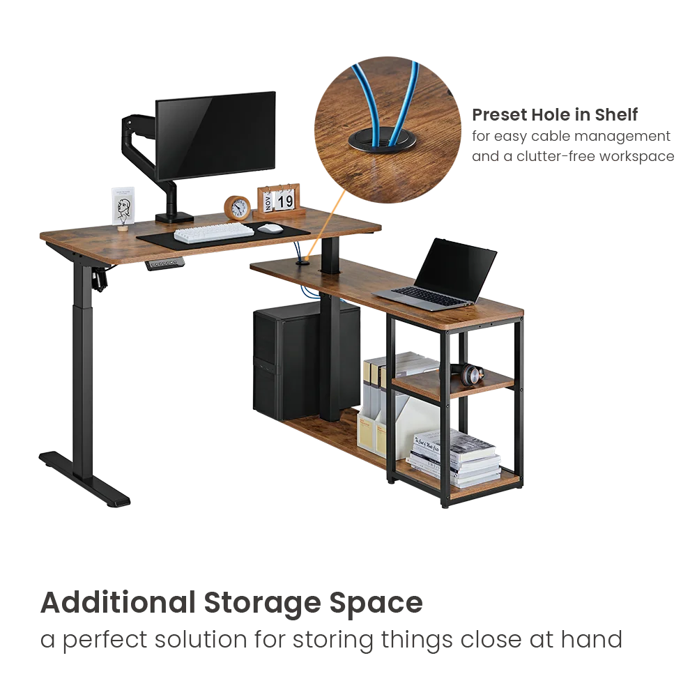 Wholesale OEM ODM Single Motor Home Office Sit Stand L Shaped Electric Height Adjustable Standing Desk with Storage Shelf