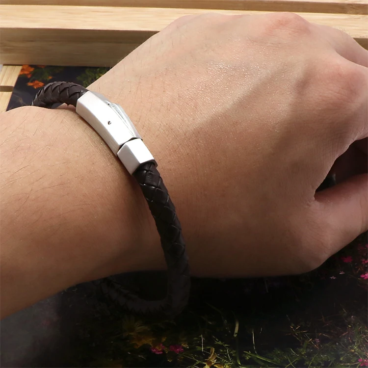 cheap price leather bracelet 6mm braided brown leather bracelet for men