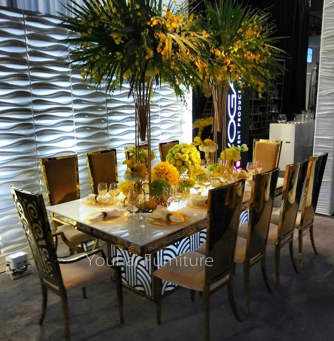 
Party rectangle gold stainless steel base led color changing light wedding table 