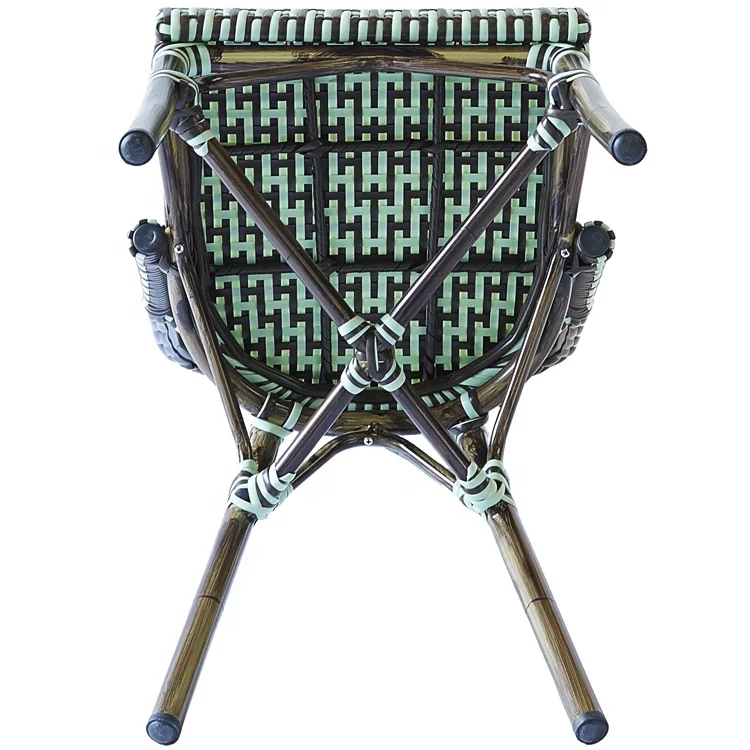 Modern French Patio Cafe Wicker Dining Furniture Outdoor Garden Aluminum Green Restaurant Rattan Bistro Chair