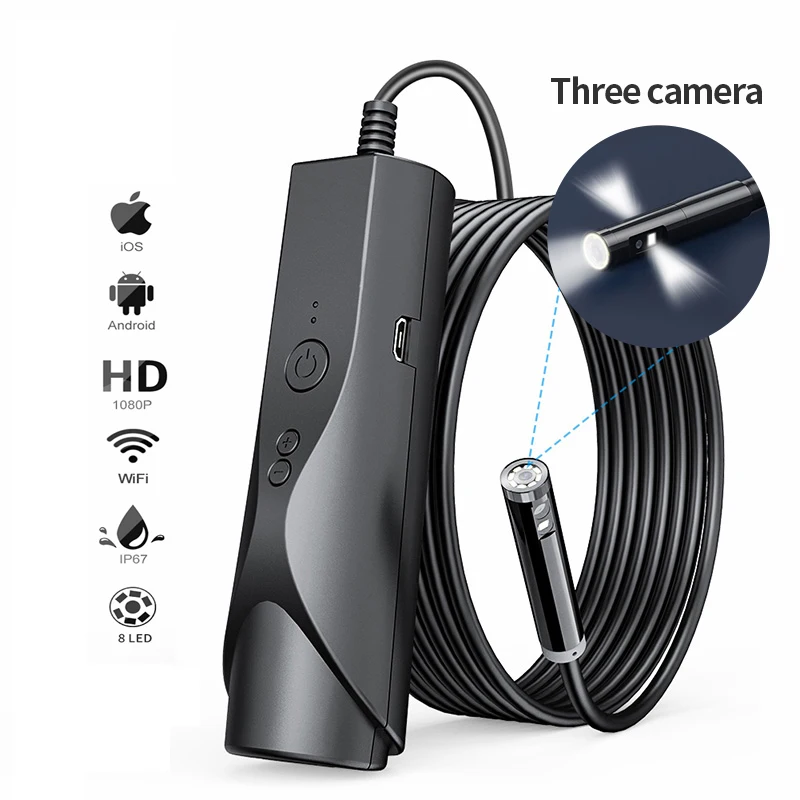 WiFi Triple Lens Endoscope Camera Front and 2 Side View Cameras in One Integrated Endoscope Pipe Detection Snake Camera 1M