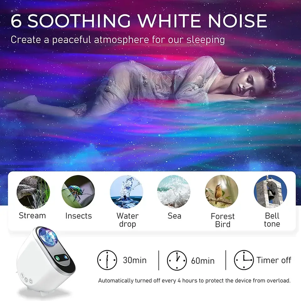 Galaxy Aurora Projector LED Northern Lights Star Projector 6 White Noise Starry Moon Light with Speaker for Kids Gift Bedroom
