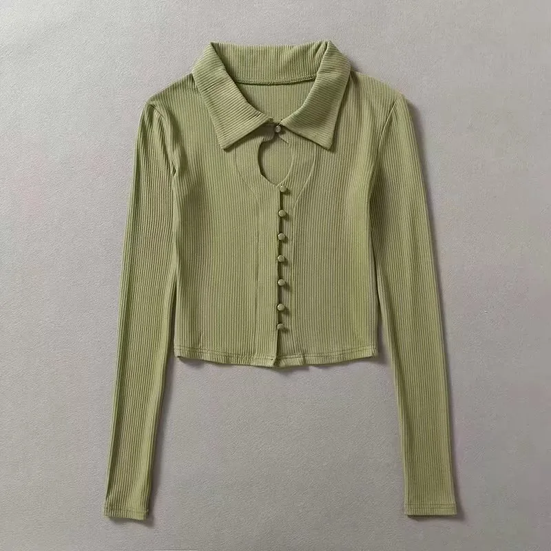 Wholesale cheap cardigan women sweater cropped sexy knitted white plain button sweater with polo neck