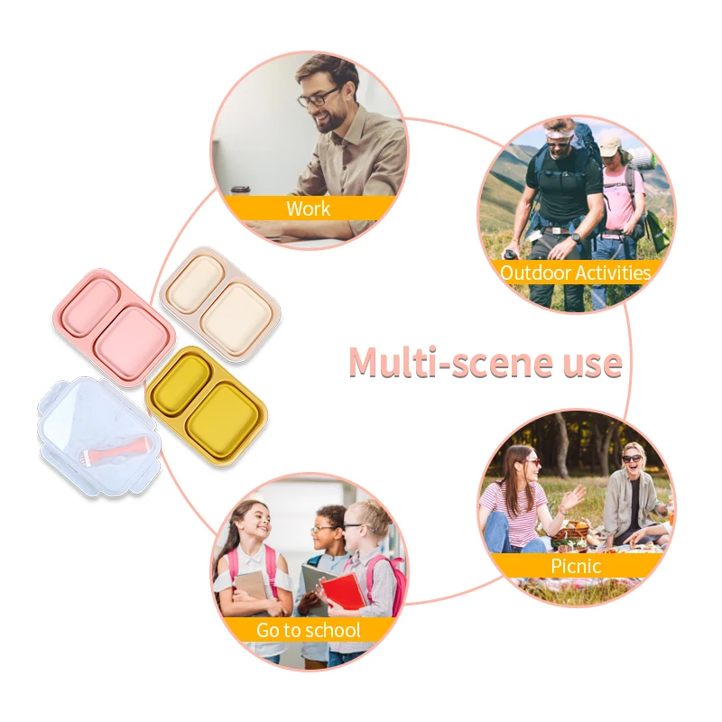 Adult Bento Lunch Box 2 Compartment Foldable Silicone Food Storage Containers Box Collapsible Lunchbox With Pp Lids No Bpa