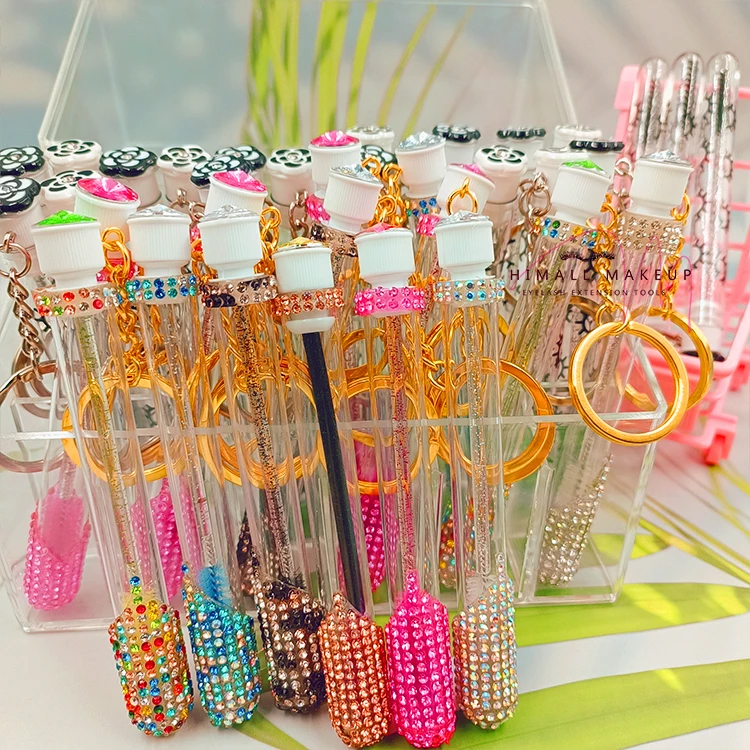custom logo empty keyring mascara wand lash brush in tube private label eyelash spoolies cleaning brush with key chain