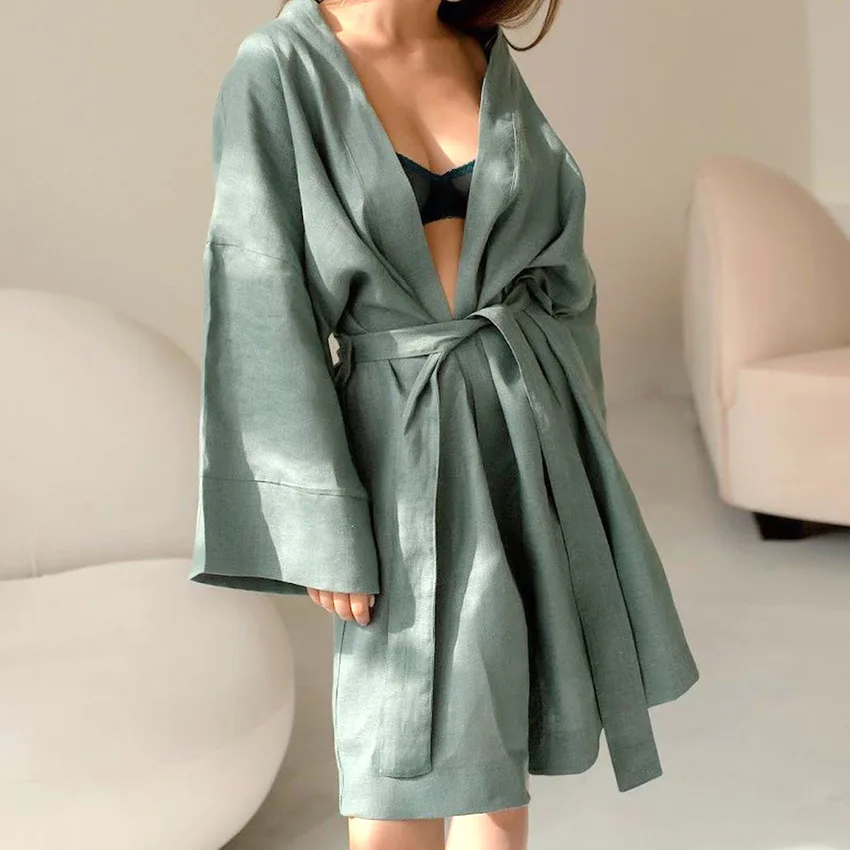 High Quality Comfortable Cotton Bathrobes Lounge Wear Flax Long Sleeve Soft Bamboo Green Kimono Robes