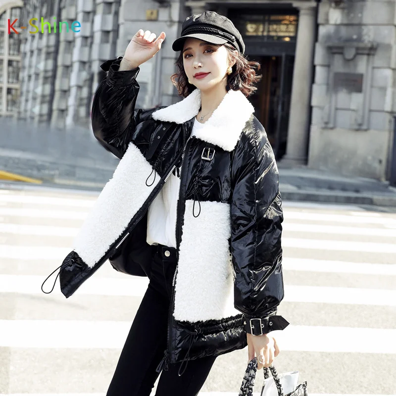 2021 new winter thick Down jacket for women white duck down lamb wool stitching jacket