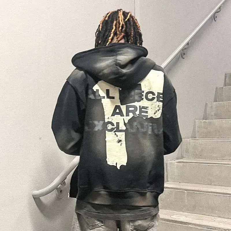 QZFSO Manufacturer Custom Logo Gray Sun Faded Oversized Cotton Print Pullover Men Distressed Acid Wash Full Zip Up Hoodie