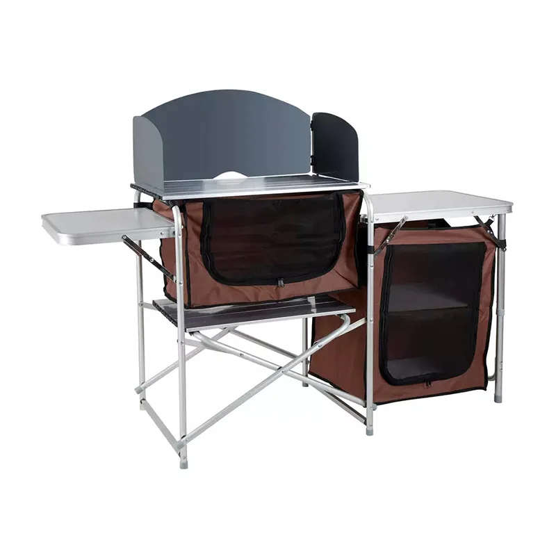 Folding Cooking Table Outdoor Portable Aluminum Camping Kitchen with Storage Organizer Windscreen Hook for BBQ Party