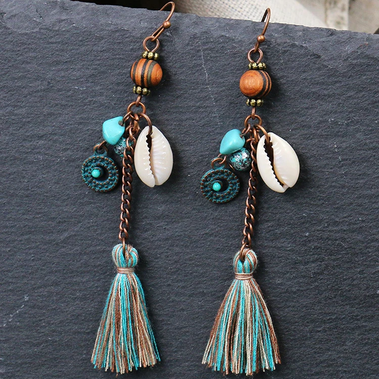 Vintage Turquoise Stone Wood Beads Shell Pendant Retro Boho Dangle Long Tassels Earring Jewelry For Women Ladies