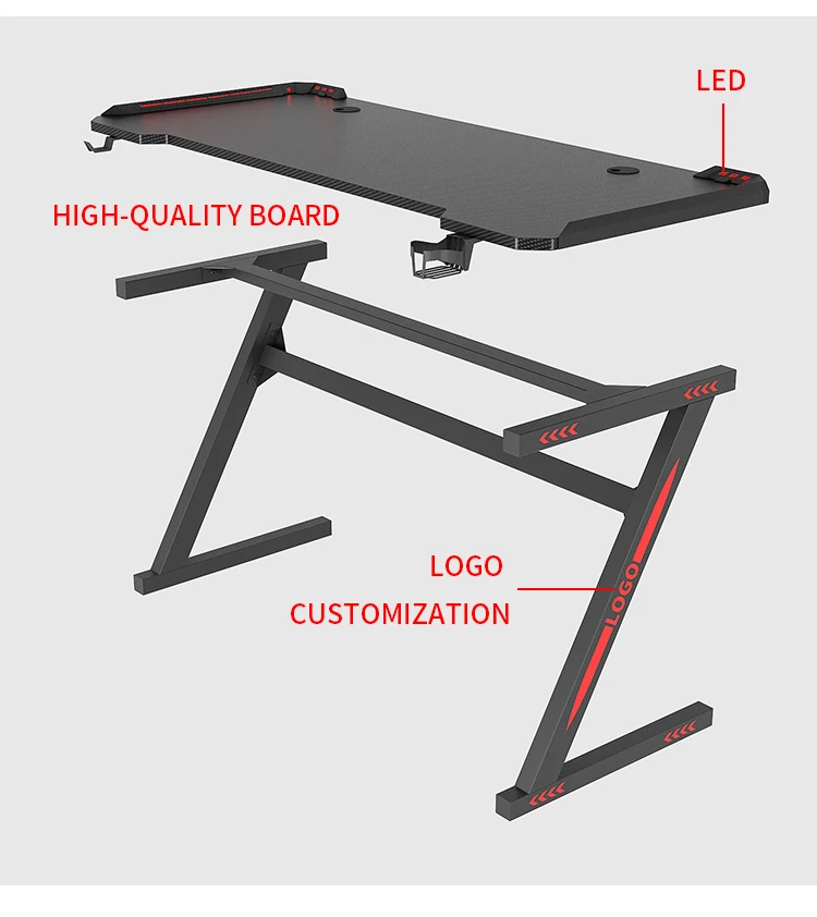 Factory Price Custom Led Light Black Game Computer Table Office Gaming Desk with Cup Holder
