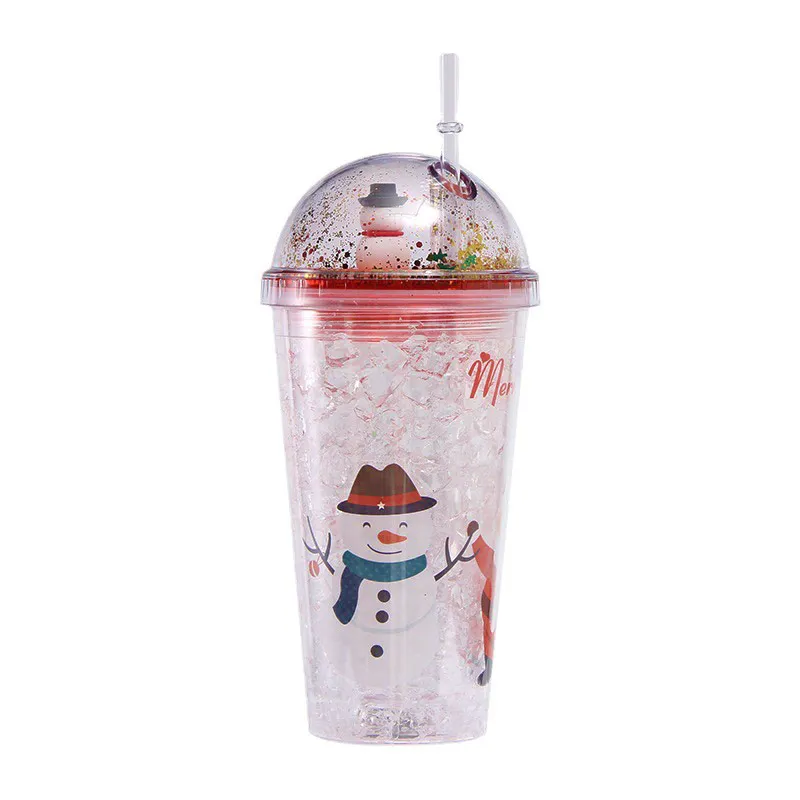 Christmas Gift Plastic Led Double Wall Tumbler with Light Micro Landscape Plastic Juice Cups with Straws