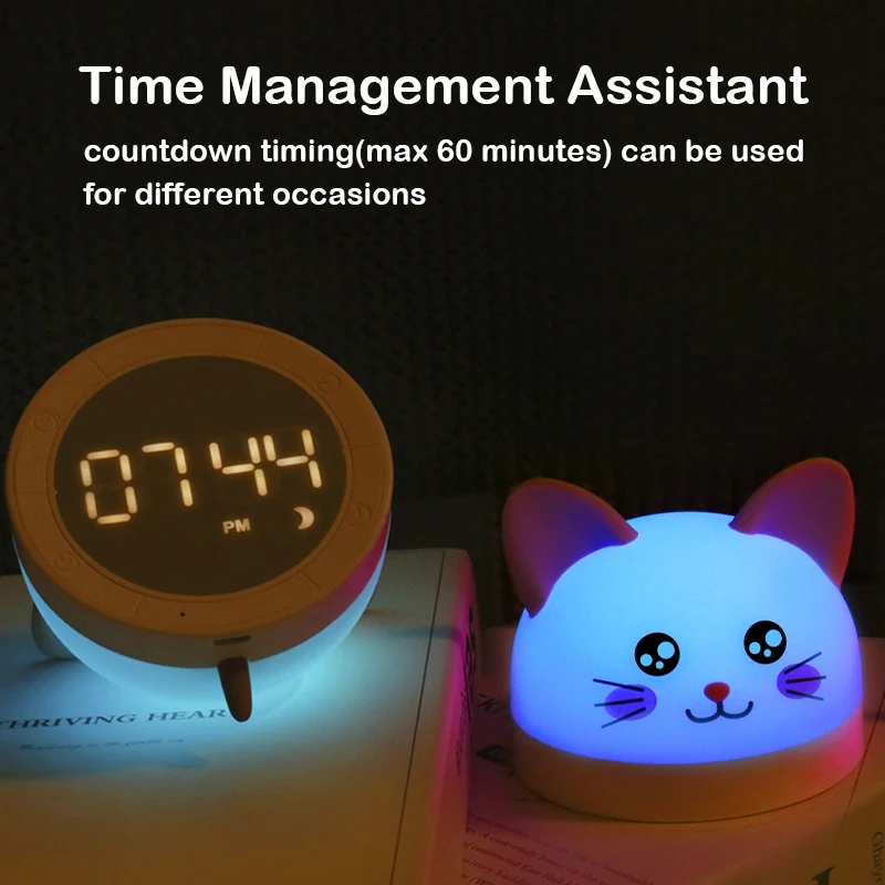 YIZHI LED Cute Cartoon Silicone Cat Lamp Baby Kids Sleep Trainer Touch Sensor Warm Light Bedroom Bedside Night Light Alarm Clock