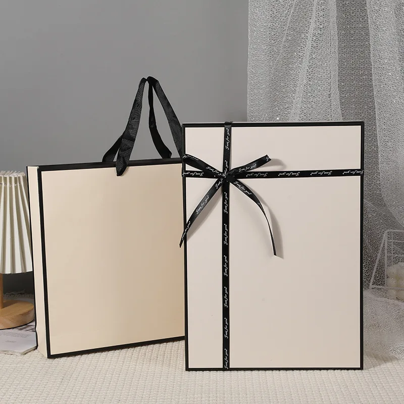 Simple Beige square Top and Bottom Cover Scarf Packaging Box Bow Gift Box High-end Shirt Gift Box