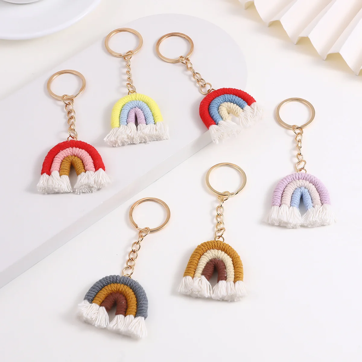 Lovely Hand Knitted Rainbow Tassel Keychain For Women Girl Cute Weave Pendant Key Ring Fashion Braid Jewelry Gift Accessories