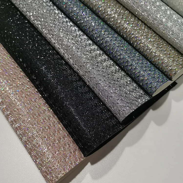 Decoration shiny faux wave printed sparkly  vinyl mesh glitter leather fabric for shoes bags