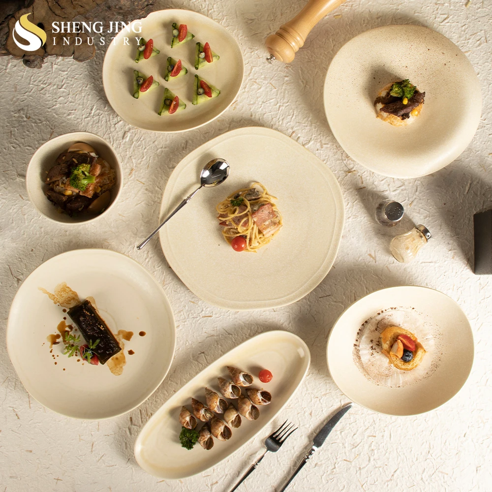 Nordic Hotel Restaurant Ceramic Special Glazed Irregular Dinnerware Catering Porcelain Cream Yellow Plate Set Tableware Set