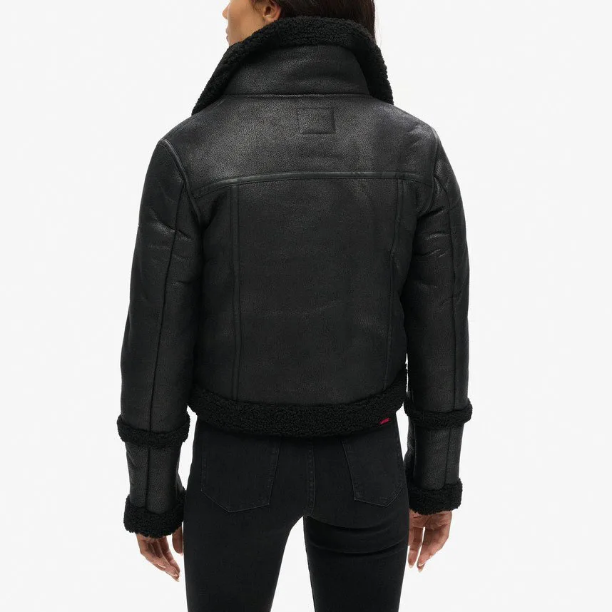 Vintage Fashion Women Cropped Shearling Bomber Sherpa Jacket Winter Warm Fleece Coat Aviator Leather Jacket Women