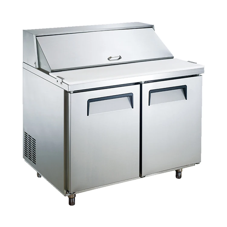 Commercial 2 doors stainless steel exterior salad pizza preparation table fits pans display refrigerator chiller restaurant