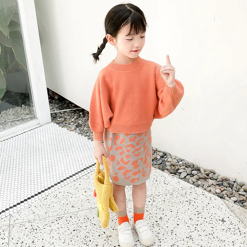 Toddler Kids Girls orange color Long Sleeve Knitting Pullover Sweater Tops Leopard Printed Skirts 2pcs suit Girl Outfits