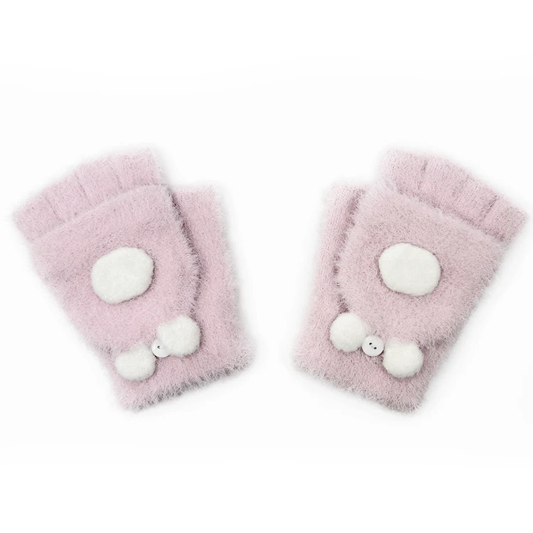Convertible Flap Cover Kids Knitted Warm Faux Mink Fur Fingerless Gloves