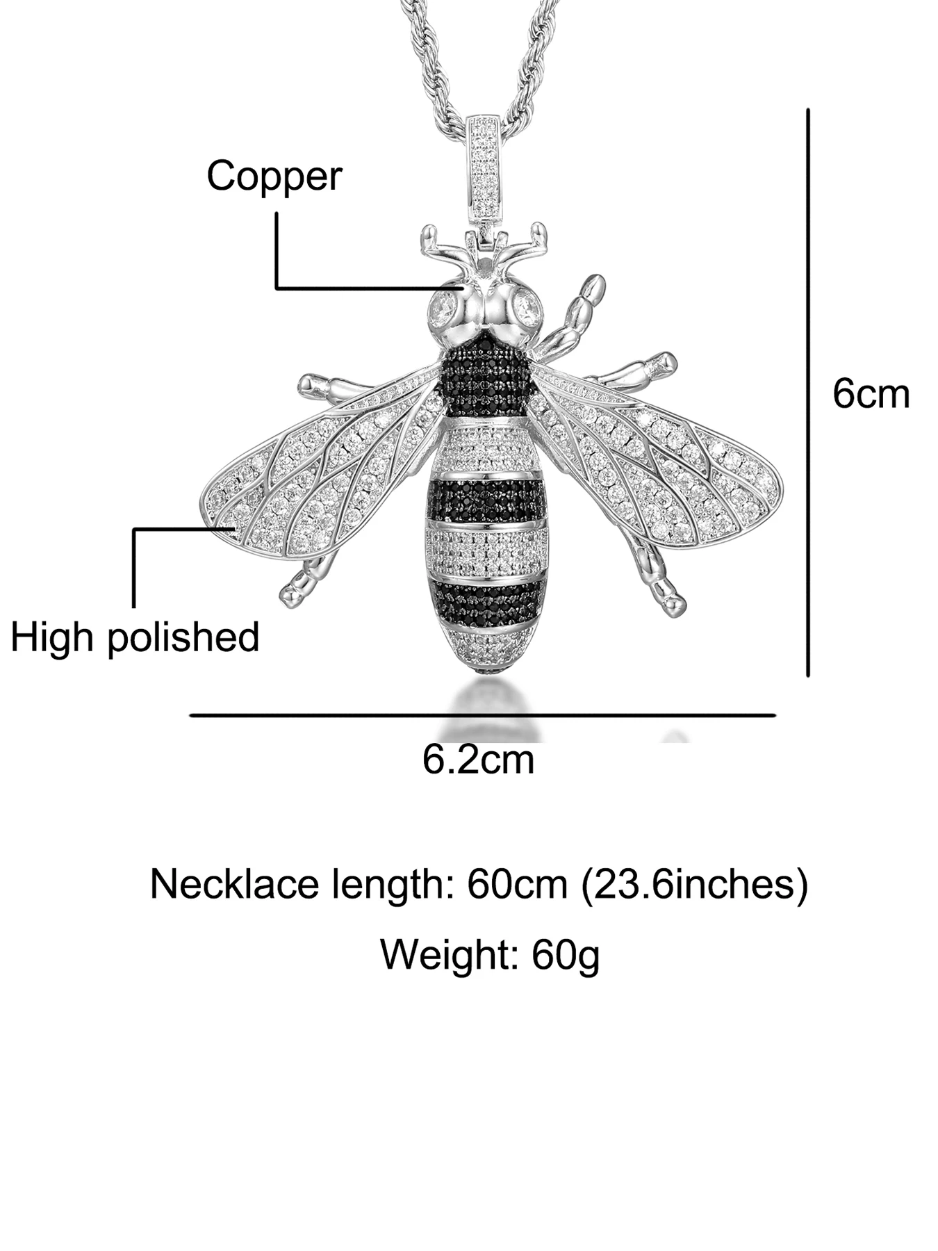 DE Shiny Fashion Stylish Hiphop Jewelry Iced Striking Animal Zircon Brass Bumblebee Pendant Necklace