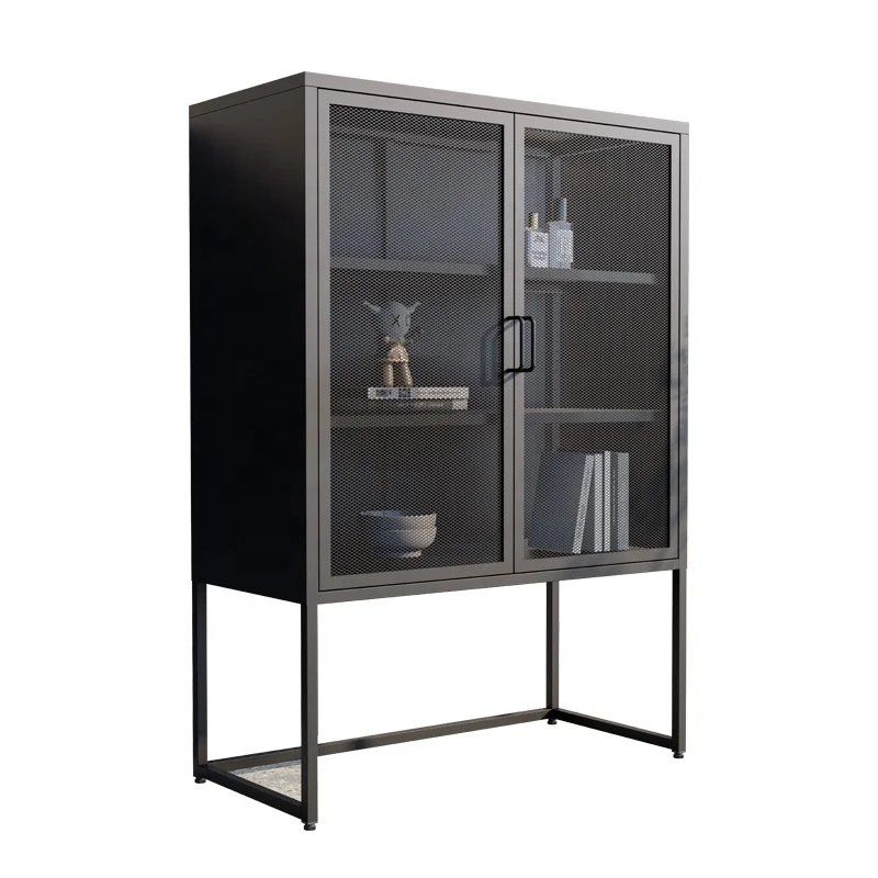 Modern Design Metal Bedroom Cabinet Mesh Door Steel Iron Glass School Workshop Gym Good Ventilation Office Furniture Panel Wood