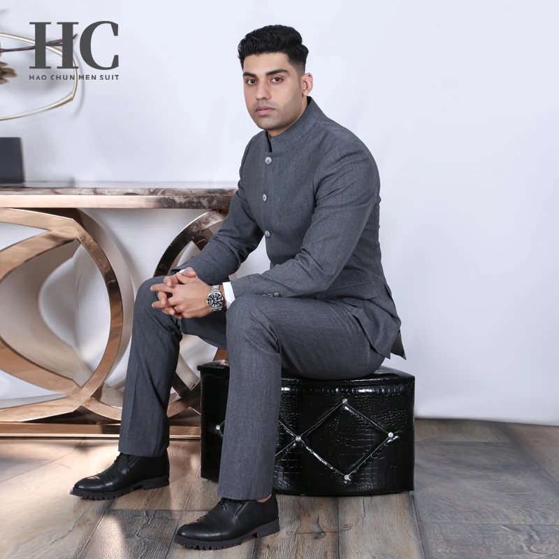 2024 Mens Slim Suit Chinese Style Groom Dress Soild Color Stand Collar Suit Zhongshan Suit