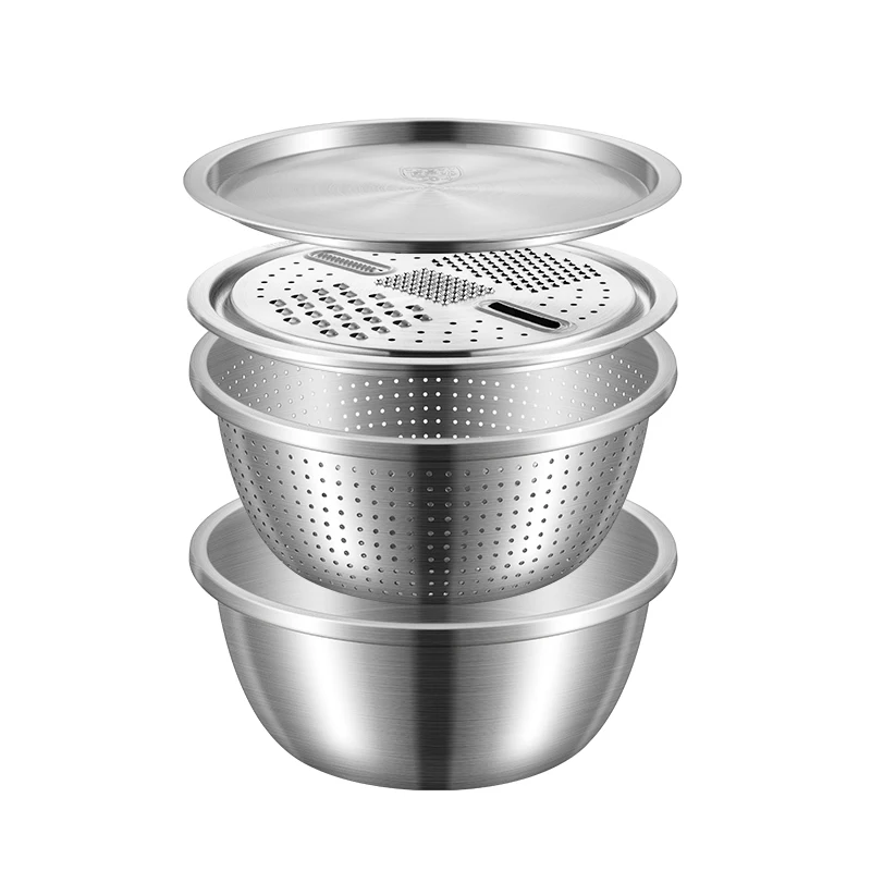 Customized 3 In 1 Food Grater Rice Sieve Vegetable Grater Slicing Basin Washing Colander Grater Stainless steel Mixing Bowls