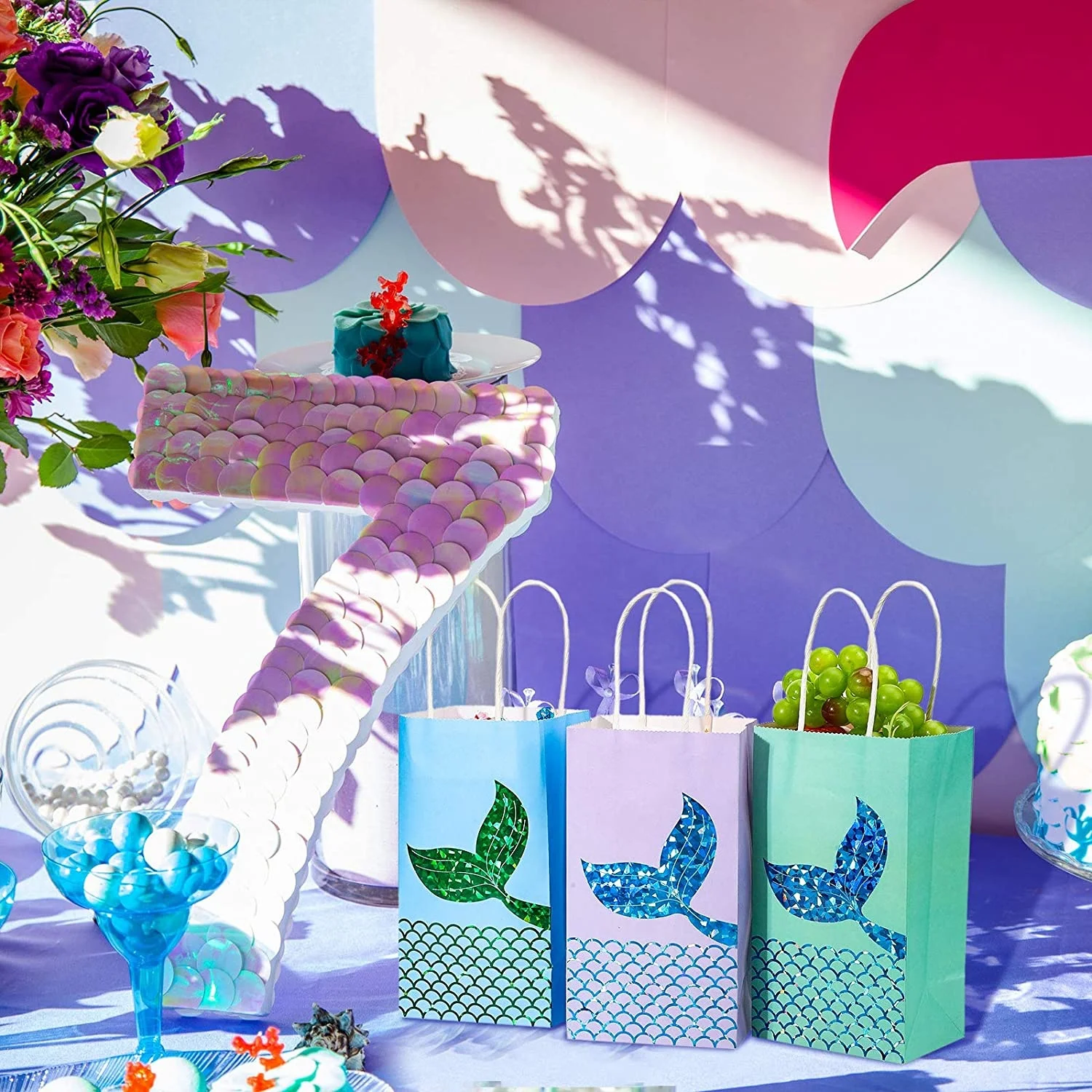 Mermaid Eco Party Favors Bags Presents Bag Set Little Mermaids Tail Goodies Bag For Candy, Chocolate, Accessories
