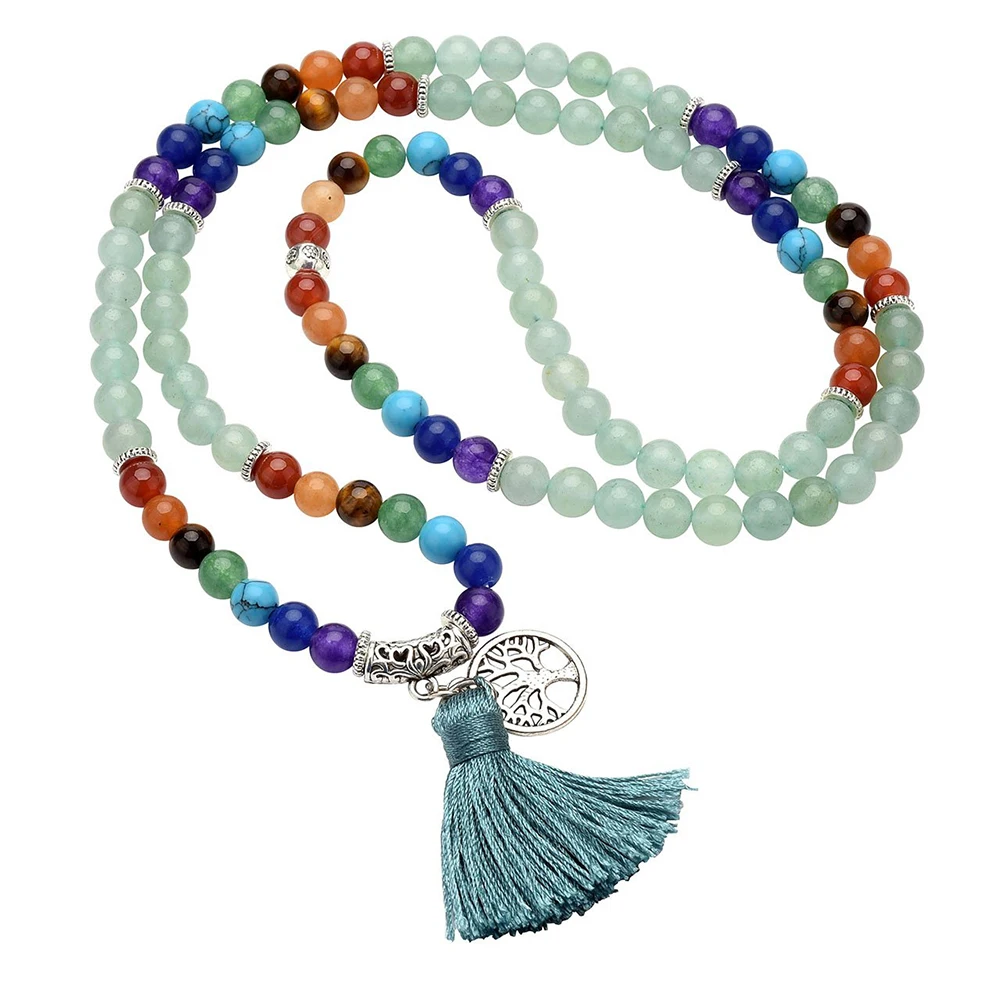Natural 7 Chakra Healing Mala Prayer Beads 108 Beaded Tassels Wrapped Stone Bead Stretch Bracelet Necklace Jewelry