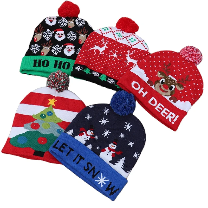 Christmas Hats Child Knitted Hat Colorful LED Flashing Light up Wool Glowing Blinking Beanie Christmas Decoration Supplies