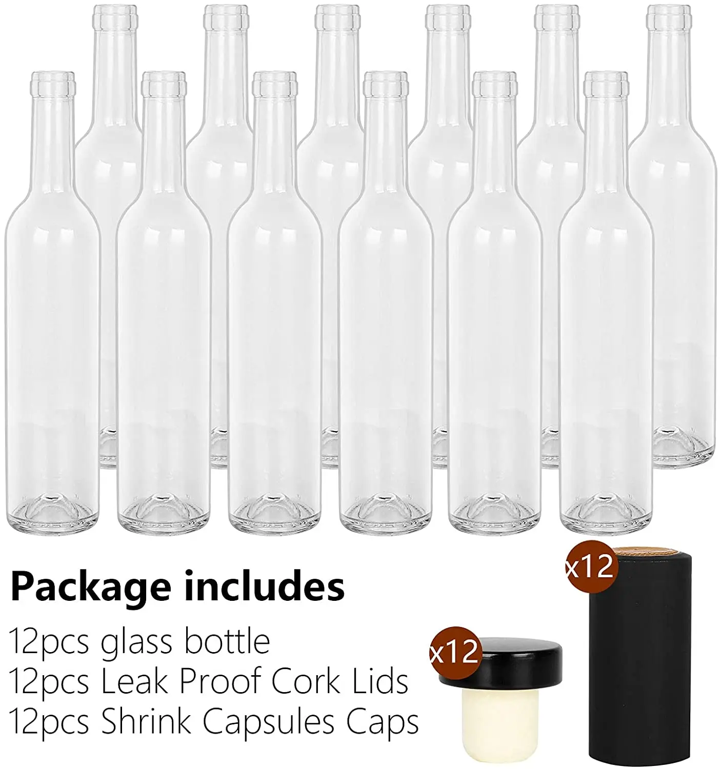 500 ml/16 oz Clear Glass Bottles With Cork Lids & Seal Shrink Capsules Caps,Home Brewing Wine & Juicing Bottles For Bordeaux Win