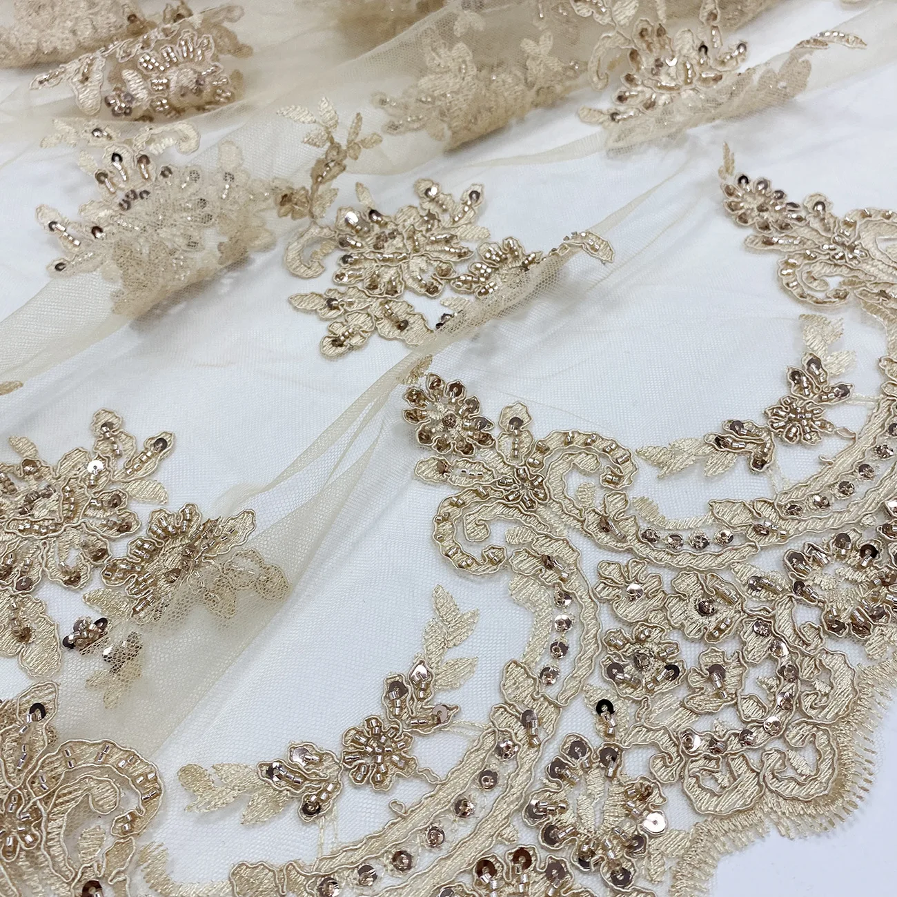 AFFINITY green fashion bridal fabric custom made sequin beaded tulle embroidery french lace fabric for wedding party dress