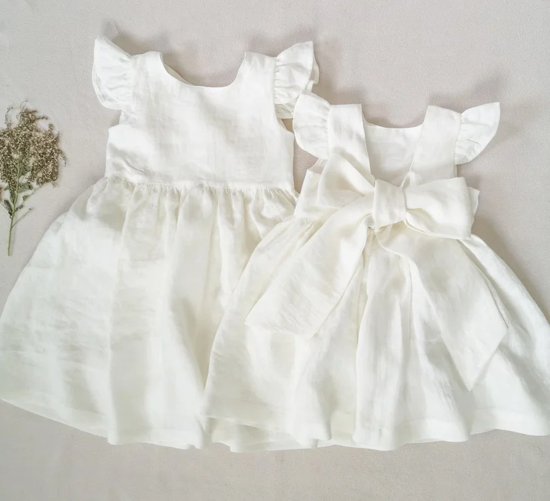 Custom Wholesale Solid Color Casual Clothes Linen Organic Cotton Ruffle Shoulder 1 Year Girl Baby Summer Dresses