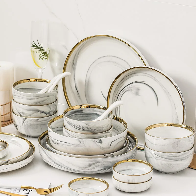 Luxury White Tableware Set Restaurant And Home Tableware Ceramic Marbling Golden Dinner Sets