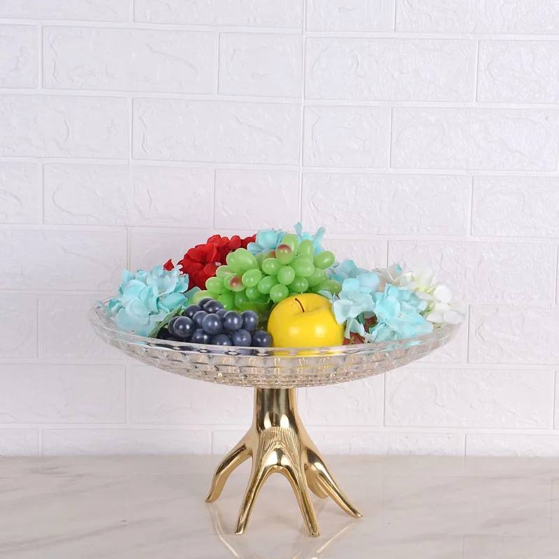 Modern Home Decorative High-End  Brass Hand Stand Glass Fruit Bowl