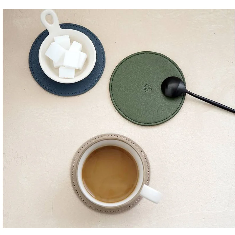 leather  Coaster Artificial Leather Coaster Drink Coffee Cup Mat  Round Tea Pad Table Pad Holder