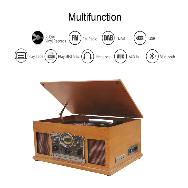 7-in-1 phonograph turntable vintage style gramophone vinyl turntable cd record radio retro solid wooden turntable record player