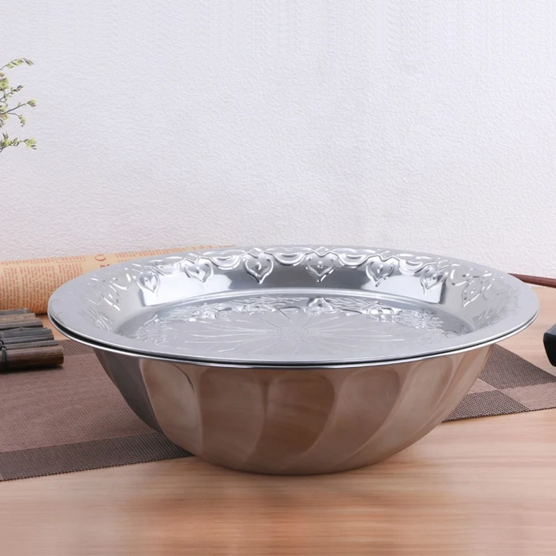 Kitchen Stainless Steel Round Basin Serving Bowl Basin with Lid Flower Design Dinner Set Gold Plate