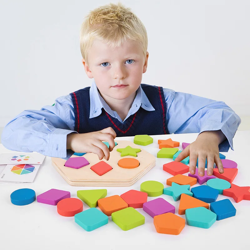 3D Wooden Hand Puzzle Shapes Puzzles Board Geometry Shape Match Toys Developmental Educational Games for Kids