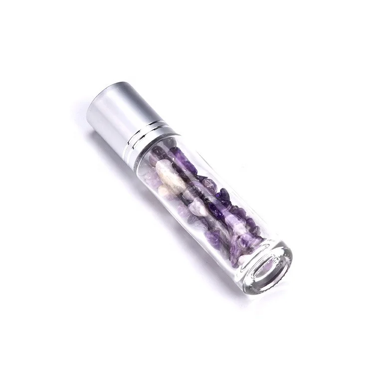 10ml Essential Oil Roller Bottles For Eye Care Amethyst Roller Ball Glass Bottle with Crystal Chips