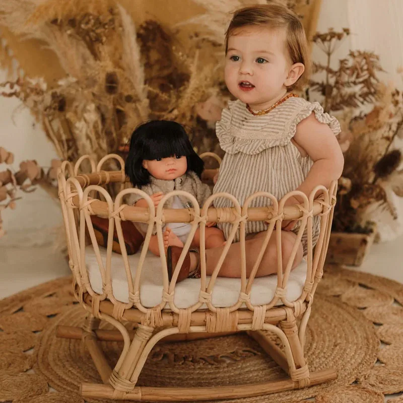 High Quality Doll Rattan Rocking Bassinet, Mini Beige Rattan Bed for Dolls Best Price Wholesale Vietnam Supplier