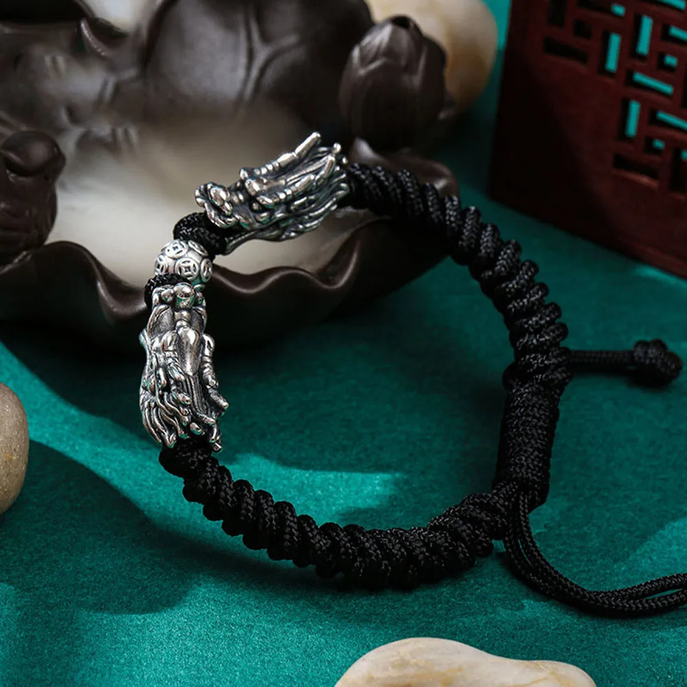 999 Sterling Silver Vintage Double Tap Bracelet For Men Hand Braided Adjustable Size String Bracelet Fine Jewelry