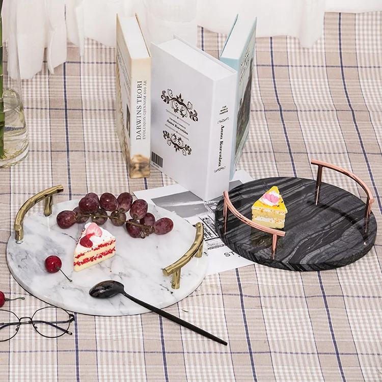 Storage Serving Tray Hotel Restaurant Marble Board Style Round Marble with OEM Metal Stone Sculpture 2021 New Home Black