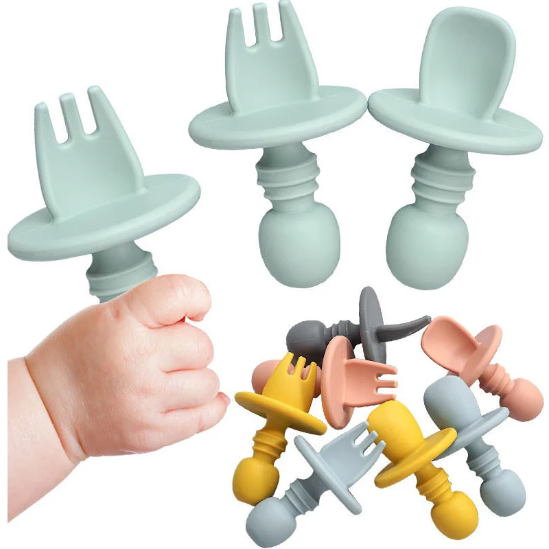 Food Grade Silicone Infant Solid Food Training Spoon And Fork Feeding Set Toddler First Stage Feeder Amazon Hot Baby Products