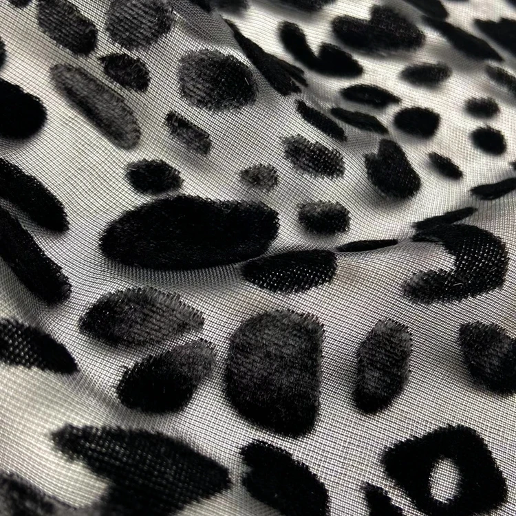 See through burn out 80% rayon 20%nylon knitted black leopard pattern velvet mesh burnout fabric