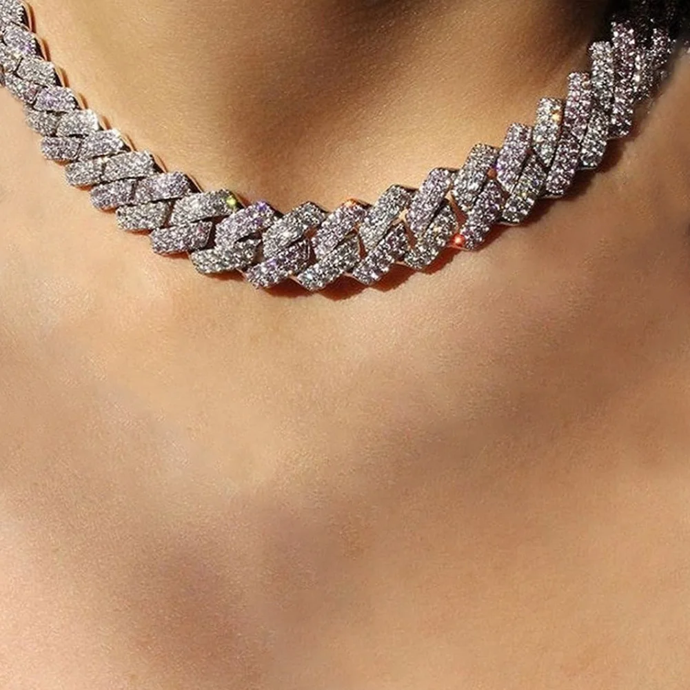 Hip Hop 14MM White Gold Cuban Necklace Setting 5A Zircon Diamond Silver Prong Cuban Link Chain Bracelet Jewelry Set For Women