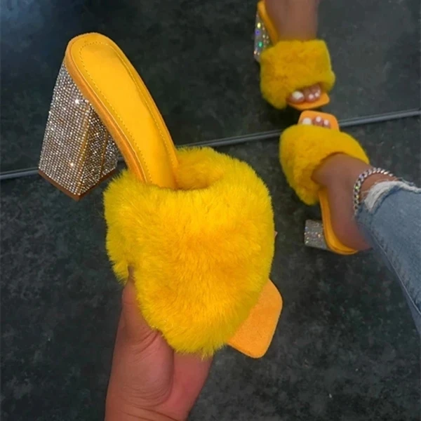 
Dropshipping 2021 new design fancy fur slides sandals for ladies chunky heels square toe women high heel shoes 