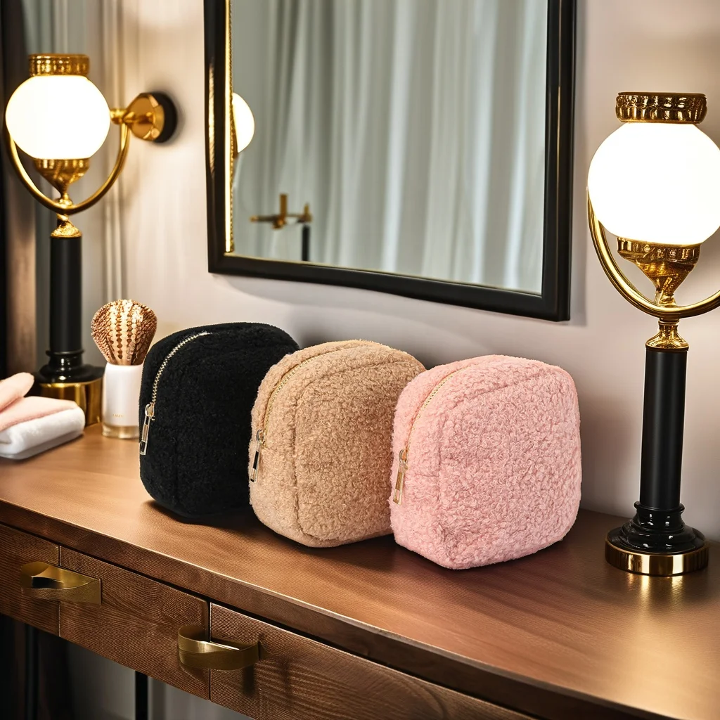 Custom Logo Portable Velvet Makeup Pouch Winter Cosmetic Terry Cloth Travel Bag with Mini Zipper Fashionable